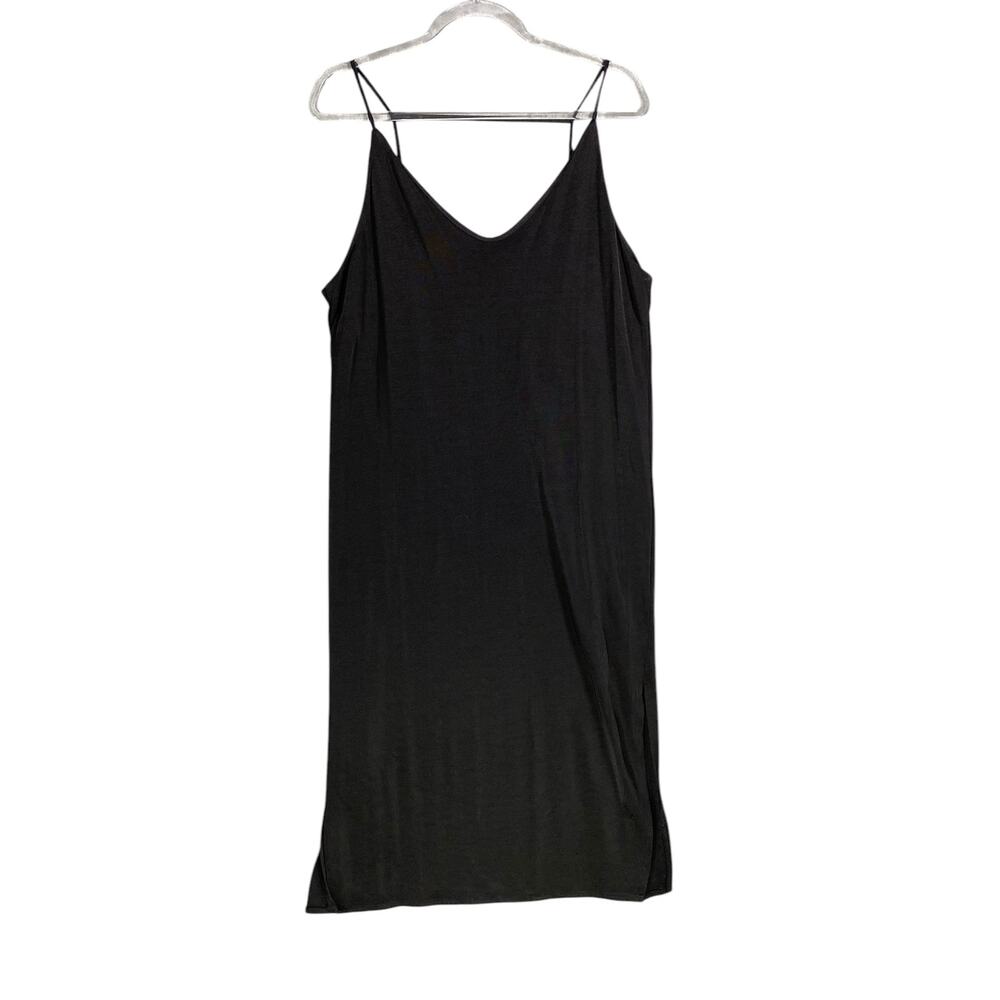 Women's Midi Cross Strap Matte Black Satin Slip Lingerie Evening Dress Black